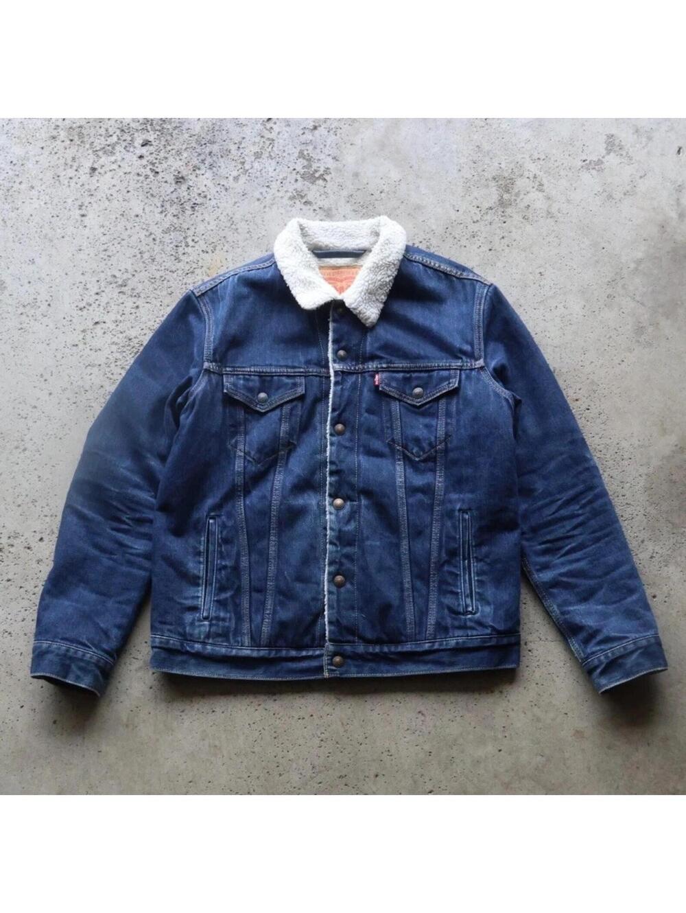 Levi’s Sherpa Trucker Jacket Mens Large Denim Blue Jean Fleece Lined Western